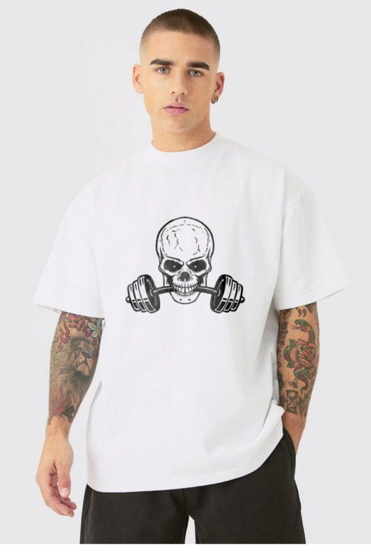 Oversized men white front printed t-shirt (Gym)